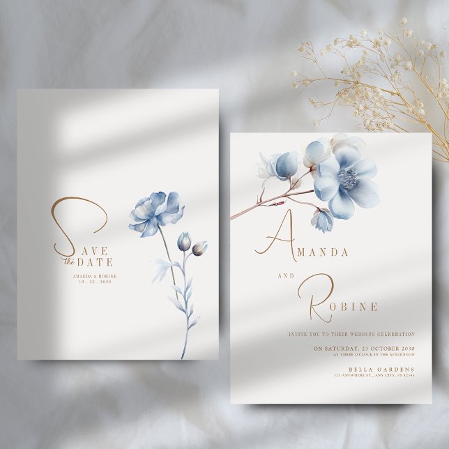 Convite Casamento Floral Azul Elegante (Criador carregado)