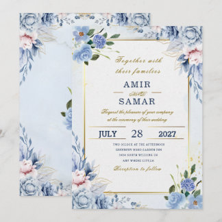 Convite casamento floral azul elegante