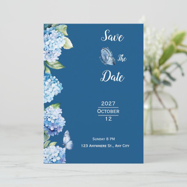 Convite Casamento Floral Azul Elegante (Em pé/Frente)