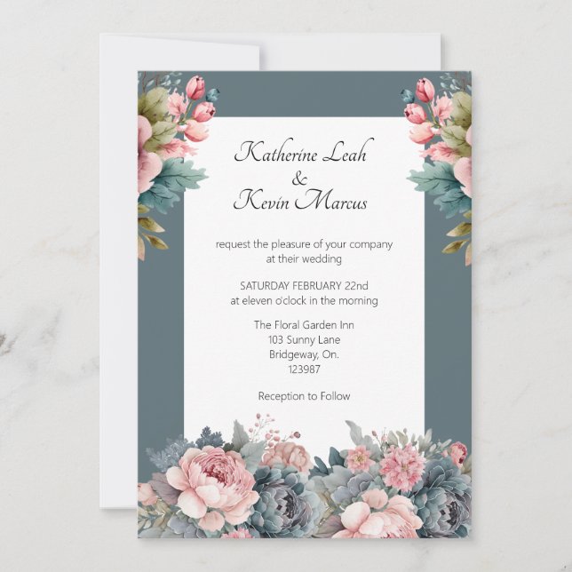 Convite Casamento Floral Azul Elegante (Frente)