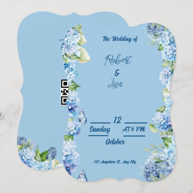 Convite Casamento Floral Azul Elegante (Frente/Verso)