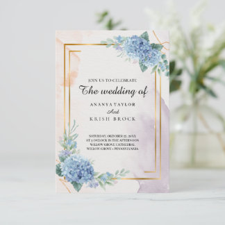 Convite Casamento Floral Azul-Elegante Claro