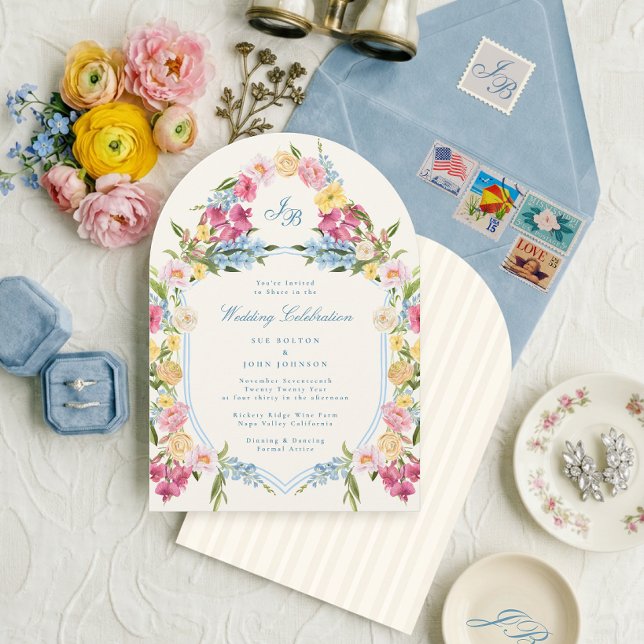 Convite Casamento Floral Azul Elegante Clássico (Criador carregado)