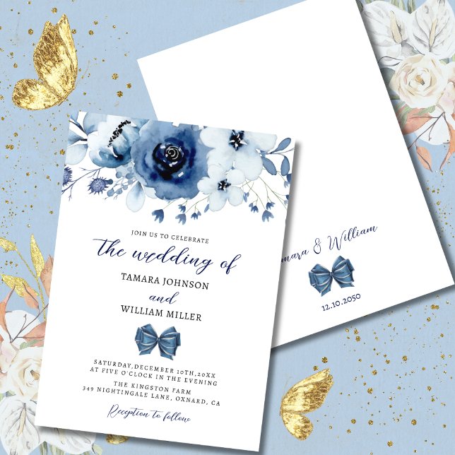 Convite Casamento Floral Azul Elegante de Inverno Dusty (Criador carregado)