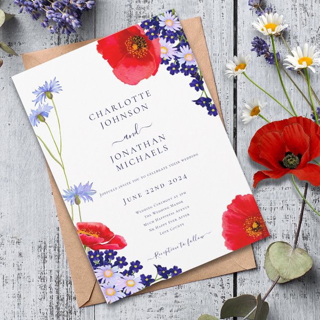 Convite Casamento Floral Azul Elegante de Verão, Marinho M (Modern wildflower floral navy blue and red wedding invitation )