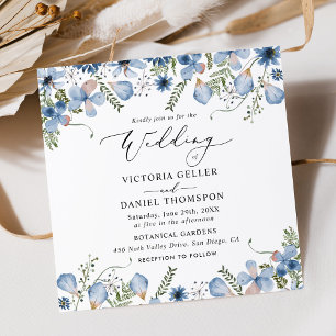 Convite Casamento Floral Azul Elegante Dusty
