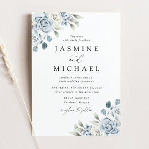 Convite Casamento Floral Azul Elegante Dusty
