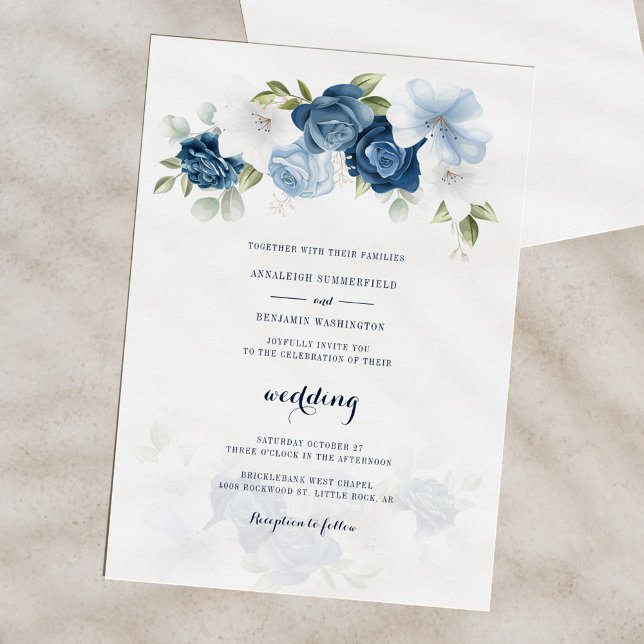 Convite Casamento Floral Azul Elegante Dusty (Floral Dusty Blue Bloom Script Wedding Invitation)