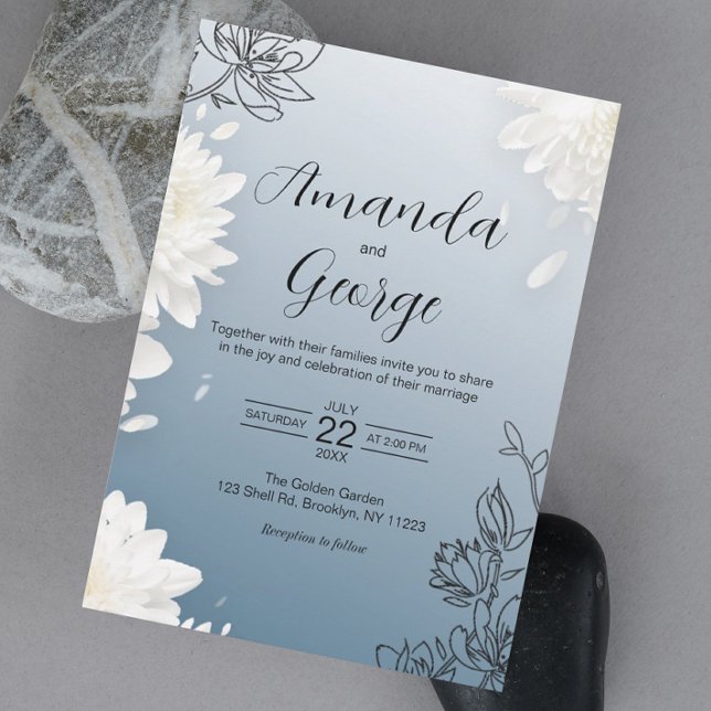 Convite Casamento Floral Azul Elegante Dusty (Elevate your special day with this captivating floral dusty-blue wedding invitation.)