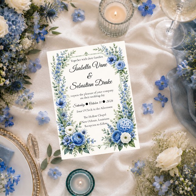 Convite Casamento Floral Azul Elegante e Empolado (Criador carregado)