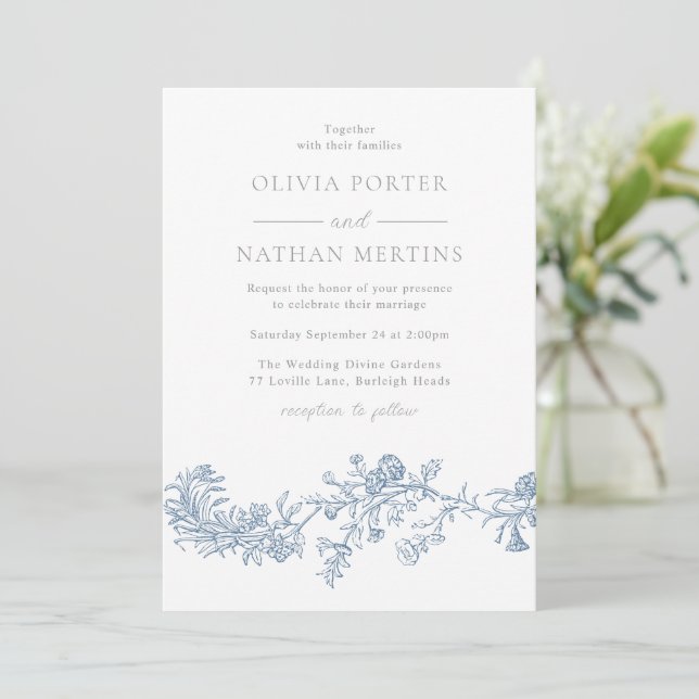 Convite Casamento Floral Azul Elegante Vintage (Em pé/Frente)