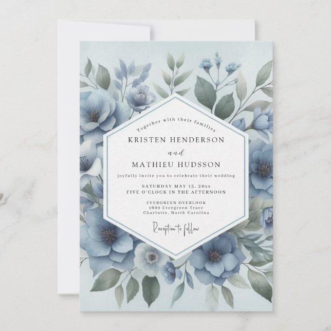 Convite Casamento Floral Azul em Flor (Frente)