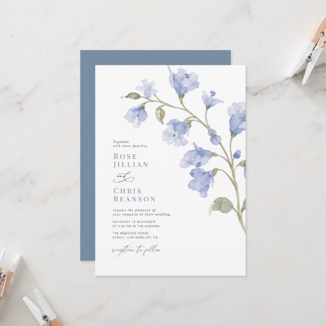 Convite Casamento Floral azul em pó moderno (Frente/Verso In Situ)