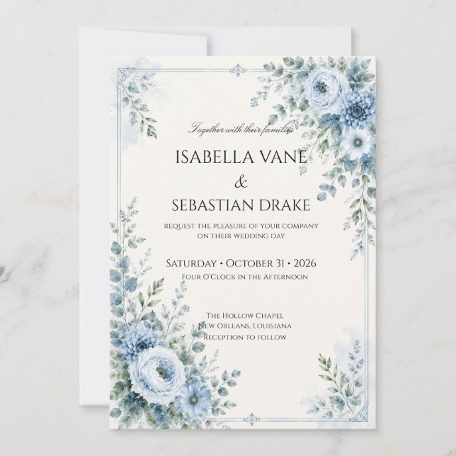 Convite Casamento Floral Azul Empoeirado (Frente)