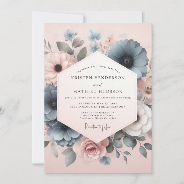 Convite Casamento Floral Azul Empoeirado (Frente)