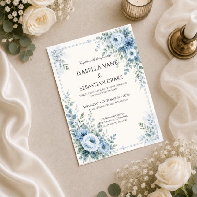 Convite Casamento Floral Azul Empoeirado (Criador carregado)