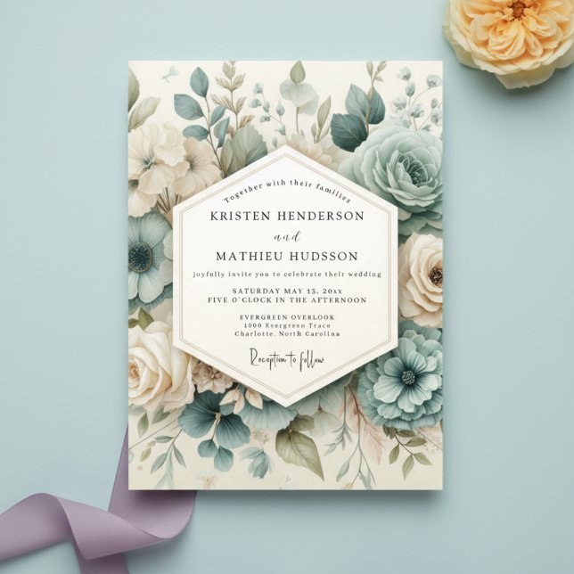 Convite Casamento Floral Azul Empoeirado (Criador carregado)
