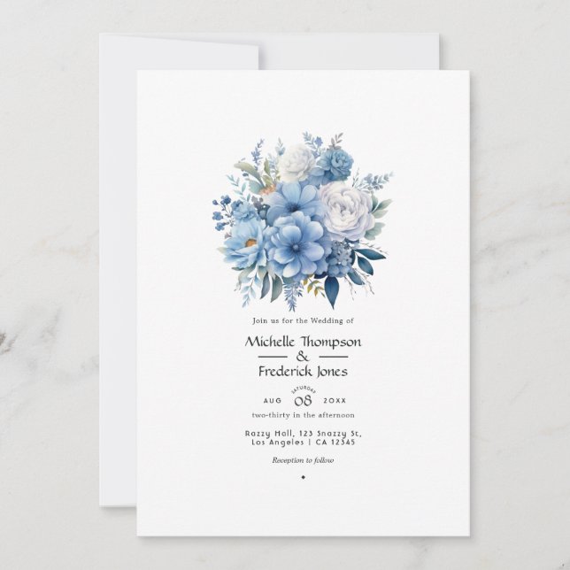 Convite Casamento Floral Azul Empoeirado (Frente)
