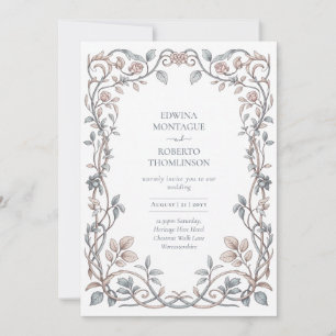 Convite Casamento Floral Azul Empoeirado Beijo Vitoriano P