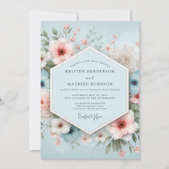 Convite Casamento Floral Azul Empoeirado Bliss (Frente)