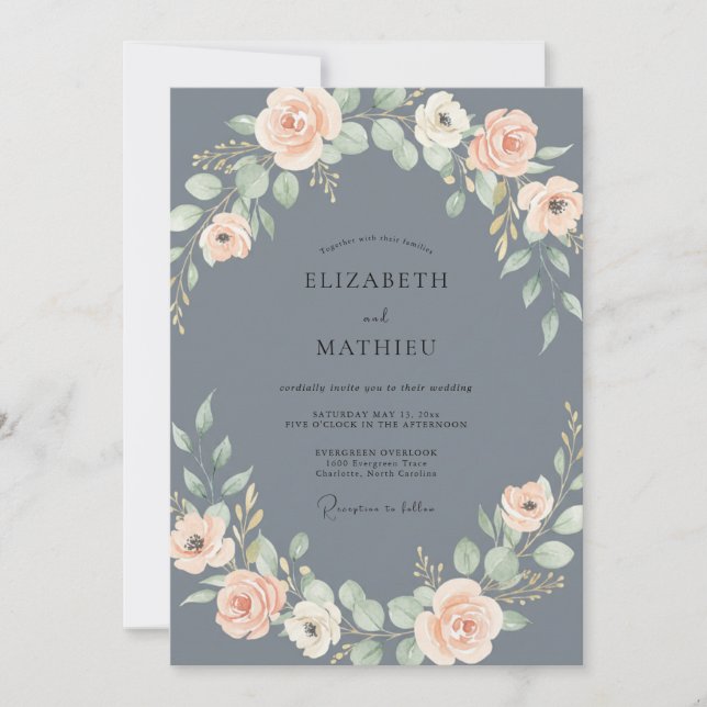 Convite Casamento Floral Azul Empoeirado Blush (Frente)