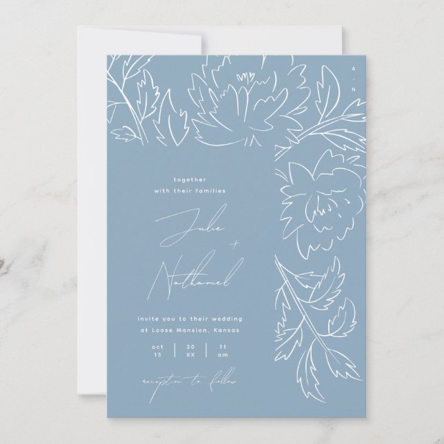 Convite Casamento Floral Azul Empoeirado Boho (Frente)