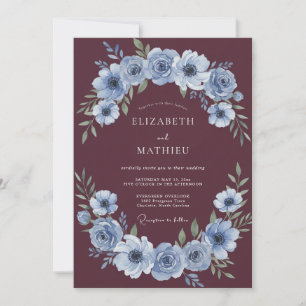 Convite Casamento Floral Azul Empoeirado Borgonha Romance