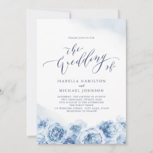 Convite Casamento floral azul empoeirado com caligrafia el