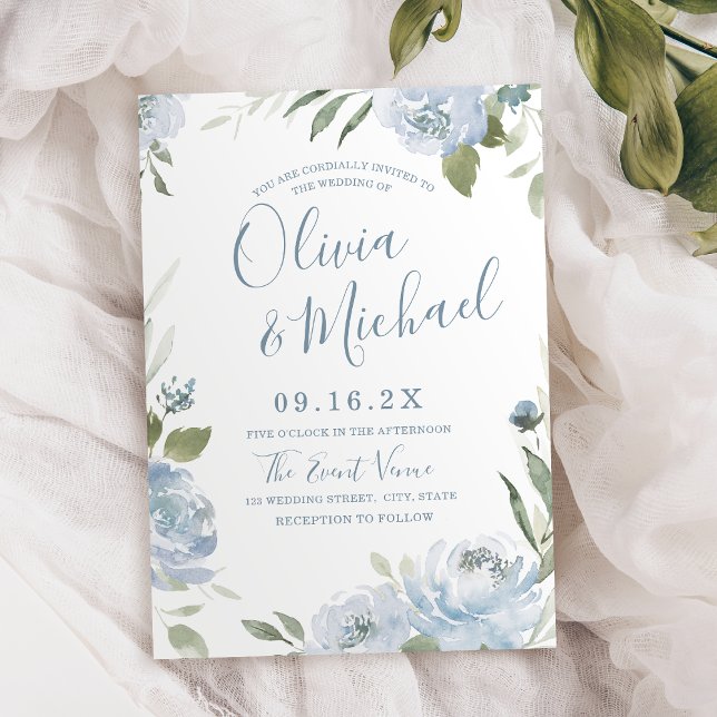 Convite Casamento floral azul empoeirado de jardim românti (Romantic garden dusty blue floral wedding invitation)