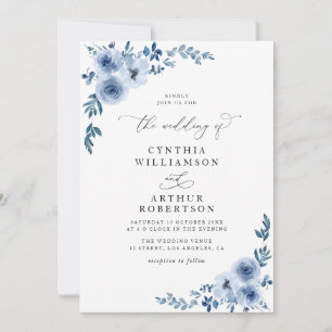 Convite casamento floral azul empoeirado elegante