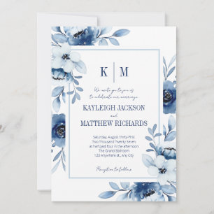 Convite Casamento Floral Azul Empoeirado Moderno & Branco