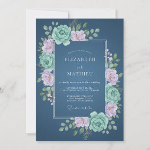 Convite Casamento Floral Azul Empoeirado na Primavera