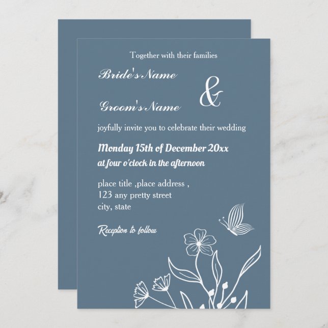 Convite Casamento floral azul empoeirado romântico (Frente/Verso)