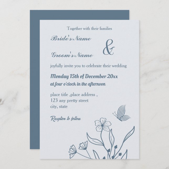 Convite Casamento floral azul empoeirado romântico (Frente/Verso)