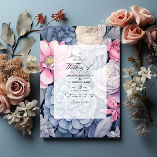 Convite Casamento Floral Azul Empoeirado, Rosa Bege e Prat