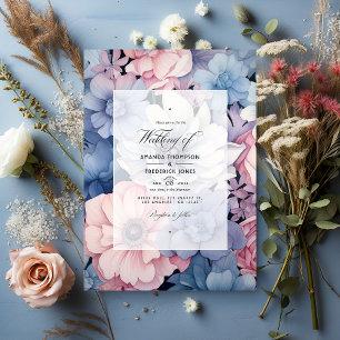 Convite Casamento Floral Azul Empoeirado, Rosa e Prata