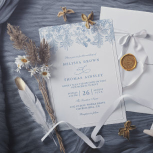 Convite Casamento Floral Azul Empoeirado Vintage Código QR