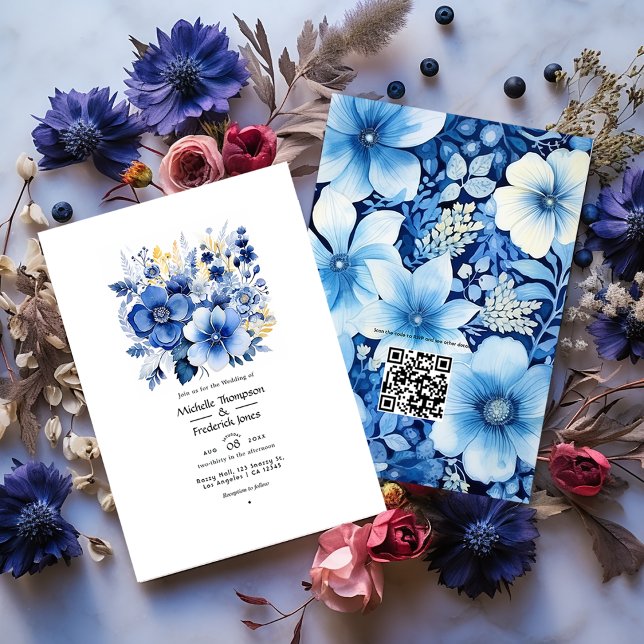 Convite Casamento Floral Azul Escuro (Criador carregado)