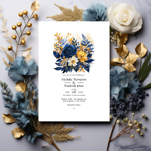Convite Casamento Floral Azul Escuro e Dourado