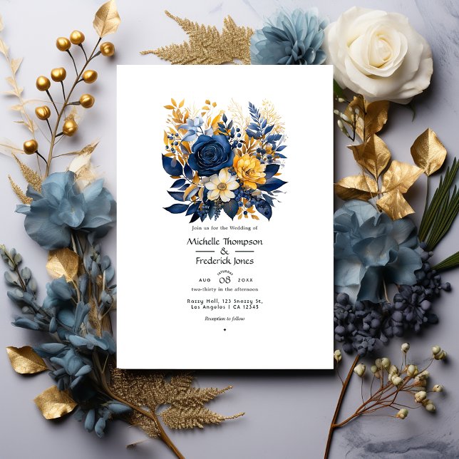 Convite Casamento Floral Azul Escuro e Dourado (Criador carregado)