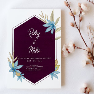 Convite Casamento floral azul-escuro geométrico