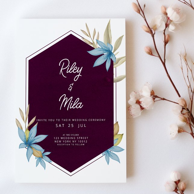 Convite Casamento floral azul-escuro geométrico (Geometric burgundy brown blue floral Wedding )