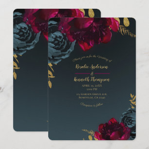 Convite Casamento Floral Azul Escuro Mal-humorado com Verd