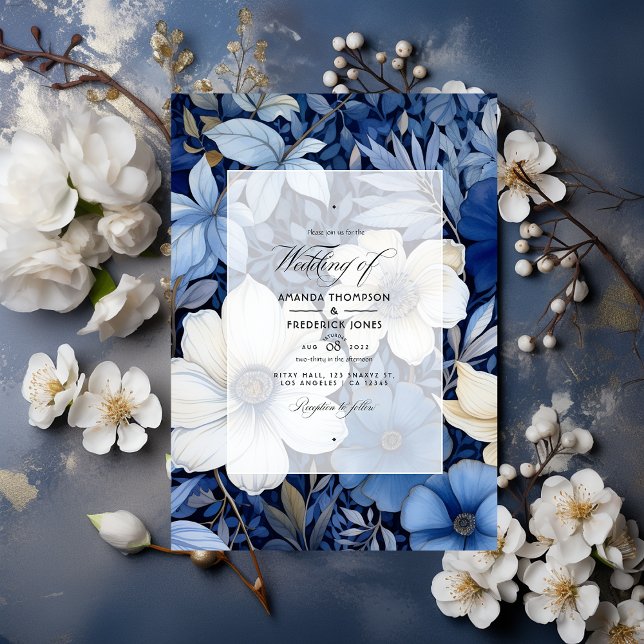 Convite Casamento Floral Azul Escuro, Prata e Branco (Criador carregado)