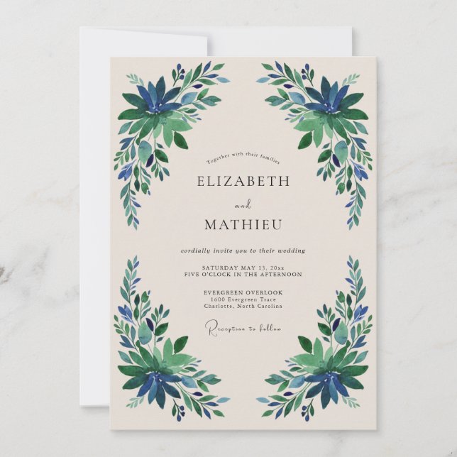 Convite Casamento Floral Azul Esmeralda (Frente)