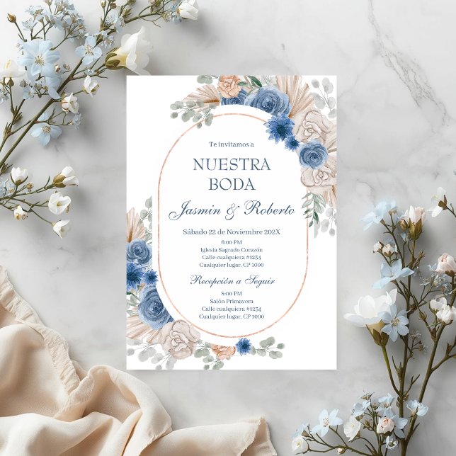 Convite Casamento Floral Azul Espanhol (Criador carregado)