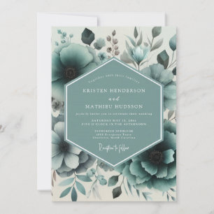 Convite Casamento Floral Azul Esverdeado Sombrio