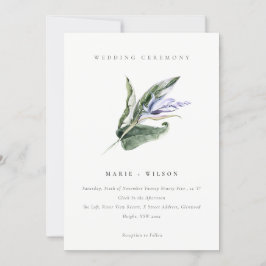 Convite Casamento Floral Azul-Folha Tropical Mínimo Elegan