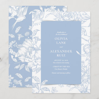 Convite Casamento Floral Azul Francês Botânico Pássaro