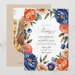 Convite Casamento Floral Azul Francês, Coral e Bege Areia